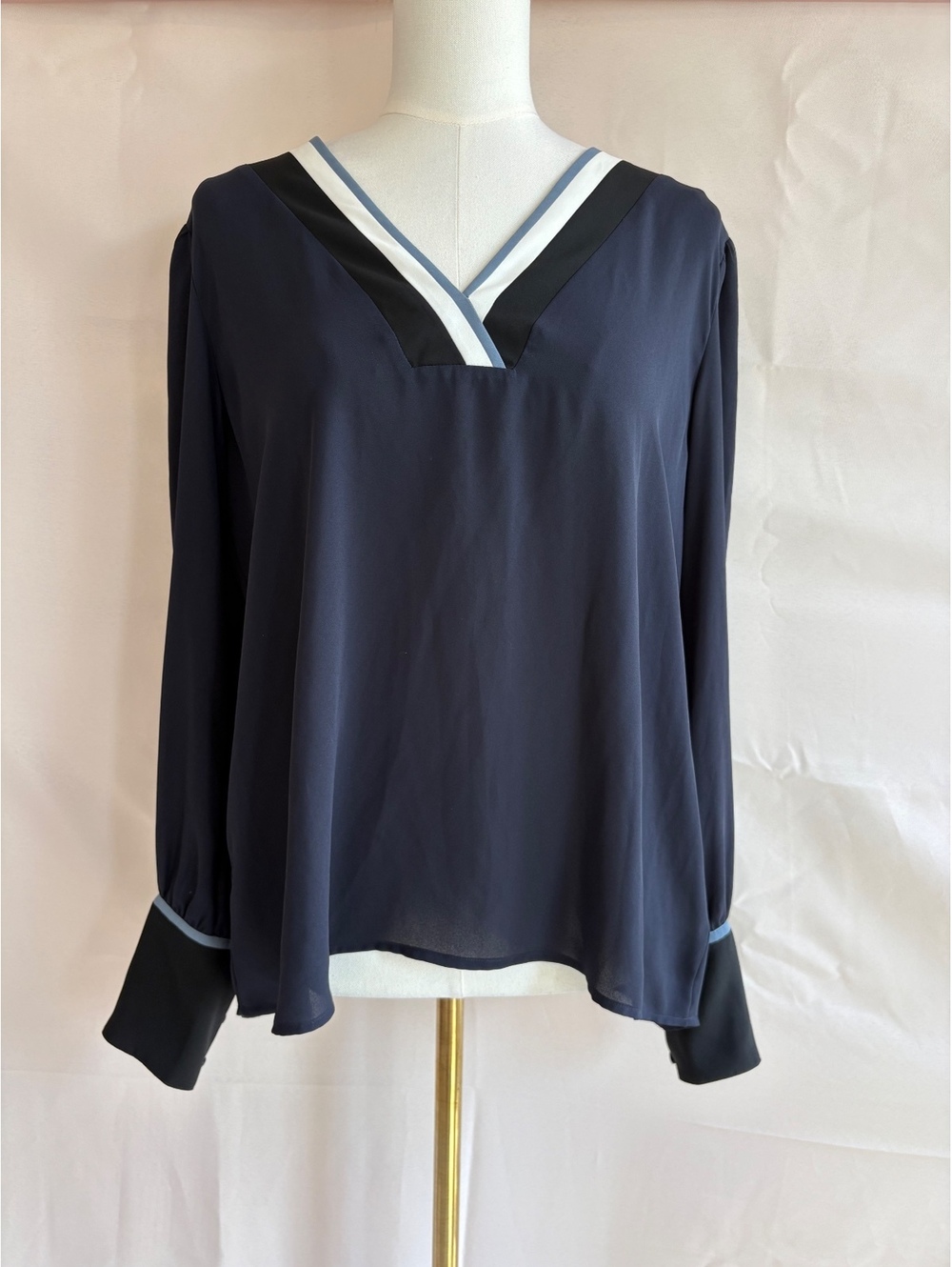 Express Women's Navy Blue Long Sleeve V-Neck Blouse with Contrast Trim and Cuff